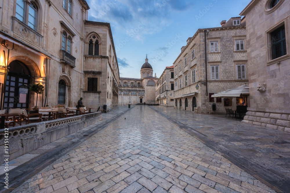 Old City of Dubrovnik, amazing view of medieval architecture along the stone street, tourist route in historic center. The world famous and most visited city of Croatia, UNESCO World Heritage site