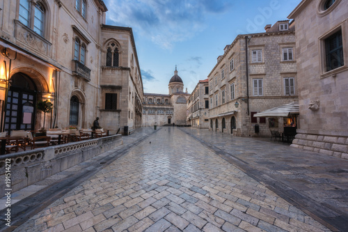 Old City of Dubrovnik, amazing view of medieval architecture along the stone street, tourist route in historic center. The world famous and most visited city of Croatia, UNESCO World Heritage site