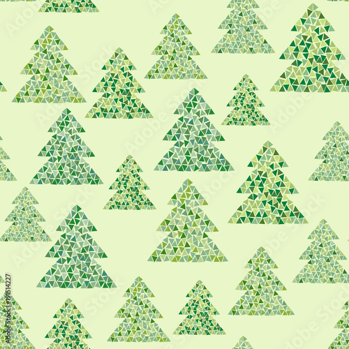 Mosaic seamless pattern of green fir trees. Geometric forest background. Cold northern wood in Scandinavian style. Vector illustration design for Christmas holidays. 