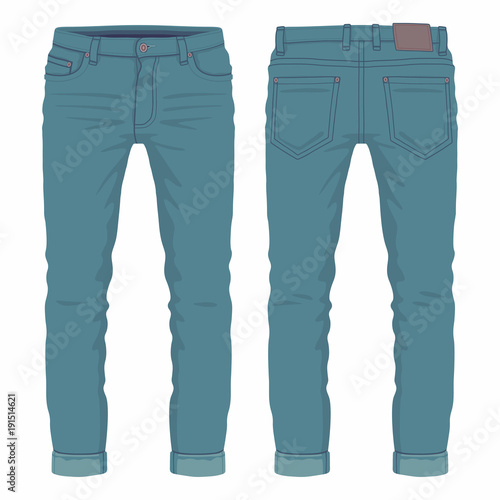 Men's dark blue jeans. Front and back views on white background