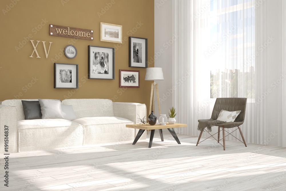 Fototapeta premium Idea of white minimalist room with sofa. Scandinavian interior design. 3D illustration