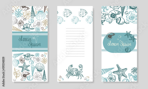 Seashells booklet design. Summer Sea Shells Banner Design. Hand Drawn Etching Style. Place for Your Text. Marine Flayer Template.