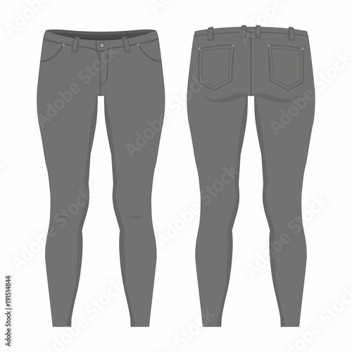 Women's black jeans. Front and back views on white background