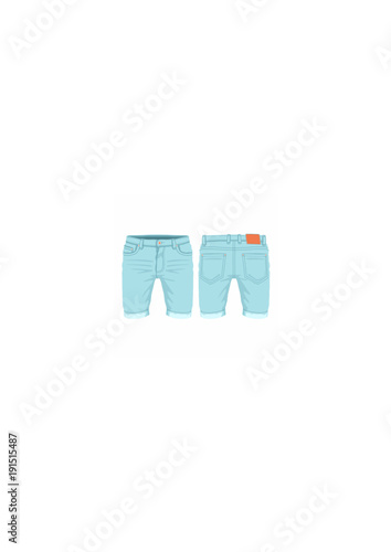 Men's light blue denim shorts. Front and back views on white background