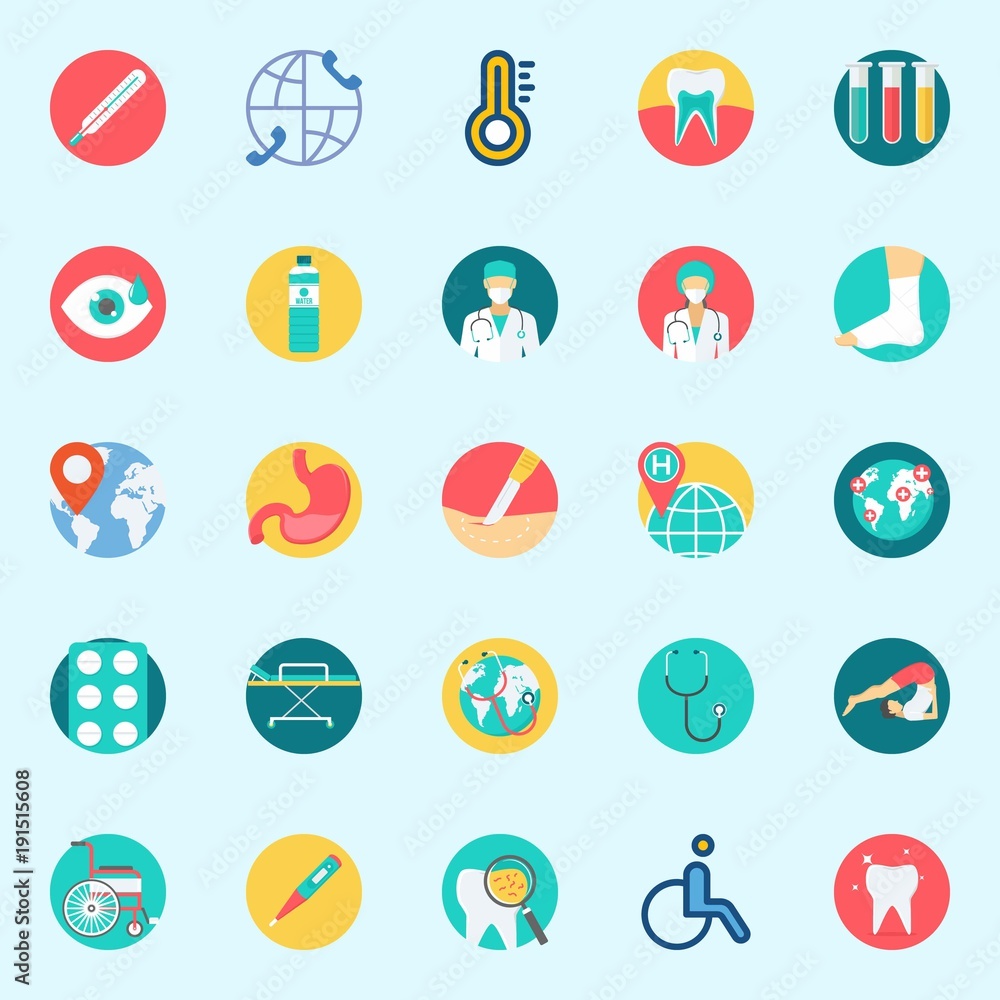 icons set about Medical. with sprain, wheelchair, stretcher, stethoscope, stomach and surgeon icons set about Medical. with sprain, wheelchair, stretcher, stethoscope, stomach and surgeon