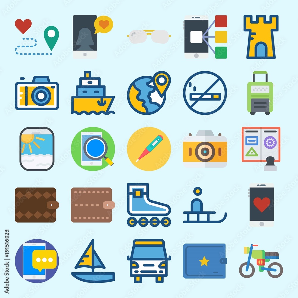 icons set about Travel. with sunglasses, suitcase, wallet, route, sleigh and sailboat icons set about Travel. with sunglasses, suitcase, wallet, route, sleigh and sailboat