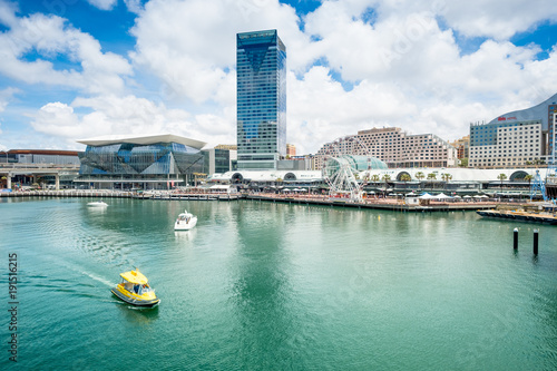 Top view Sydney Australia city skyline at circular quay ferry terminal with cloudy blue sky