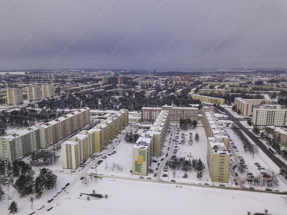 Aerial view of city Tallinn Estonia in winter day, district Mustamjae