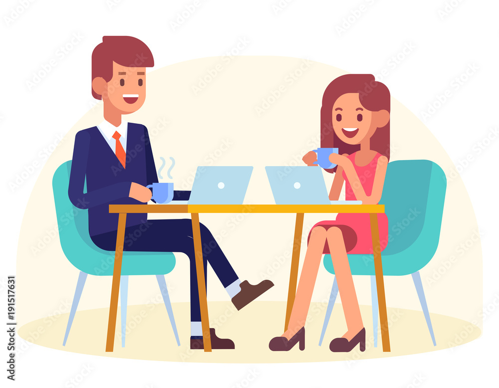 Couple sitting in cafe with laptop. Flat style, vector illustration.