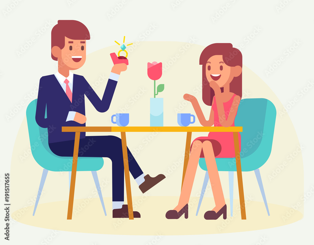 Happy Couple sitting at table in restaurant. Man making proposal of marriage. Happy valentine’s day. Couple in love. Flat Vector illustration. Happy Couple sitting at table in restaurant. Man making proposal of marriage. Happy valentine’s day. Couple in love. Flat Vector illustration.