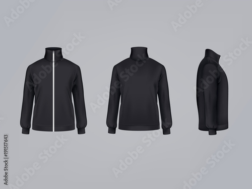 Sport jacket or long sleeve black sweatshirt vector illustration 3D mockup model template front, side and back view. Isolated sportswear apparel or modern unisex sports clothing with zipper fastener photo