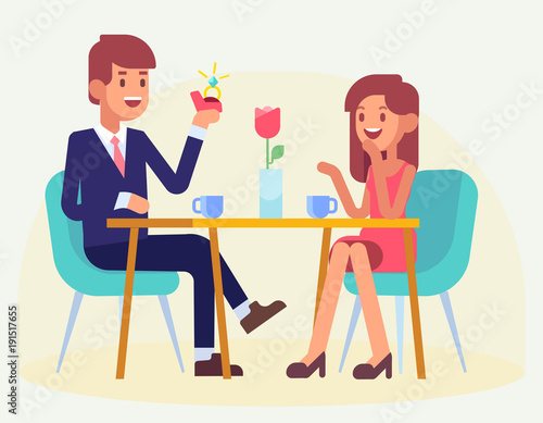Happy Couple sitting at table in restaurant. Man making proposal of marriage. Happy valentine’s day. Couple in love. Flat Vector illustration.