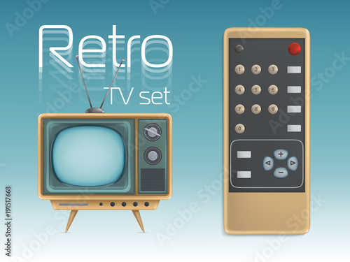Retro TV set and remote control vector illustration. Vintage screen display television retro icons design for news broadcasting or entertainment poster and internet media technology banner