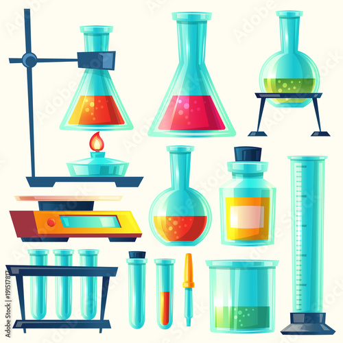 Vector chemical equipment for experiment. Chemistry laboratory. Flask, vial, test-tube, scales, glass retorts with substance. Made in cartoon style. Objects for advertising, web. Educational concept