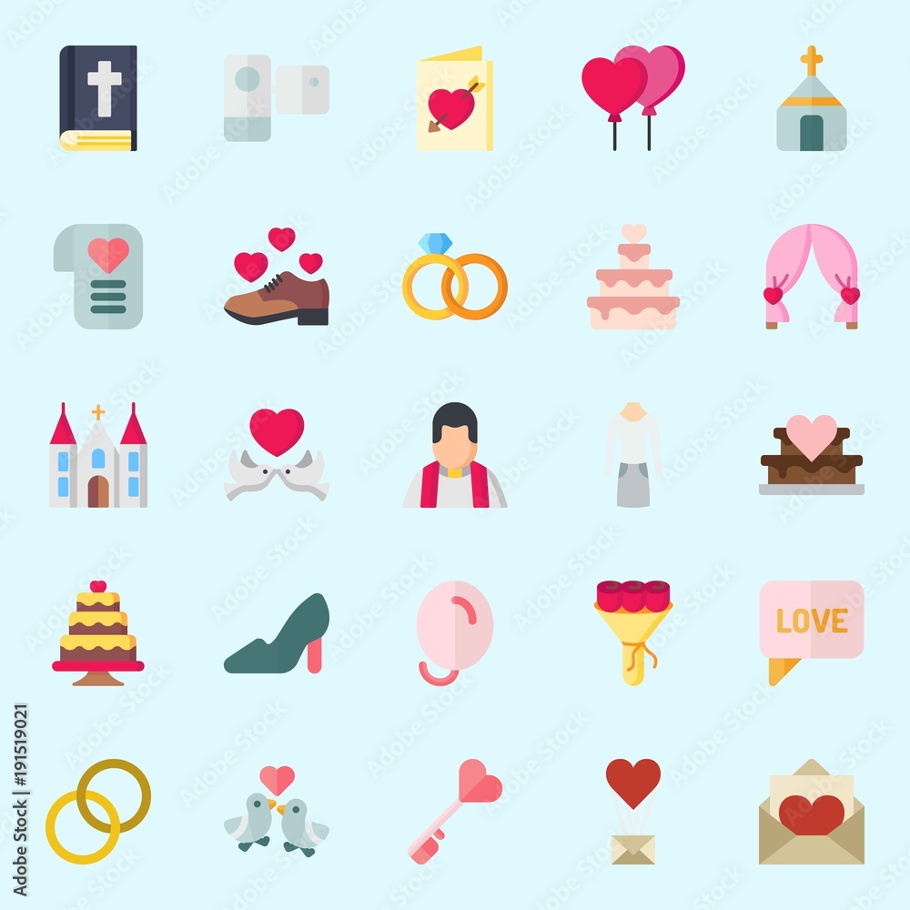 icons set about Wedding. with church, love birds, high heels, priest, camcorder and bouquet icons set about Wedding. with church, love birds, high heels, priest, camcorder and bouquet