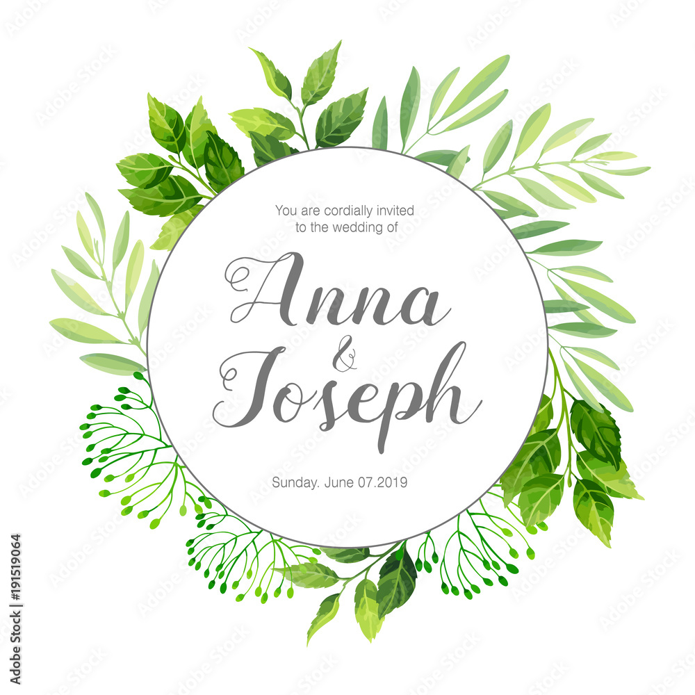 Wedding invitation with green leafs border. Vector illustration. Wedding invitation with green leafs border. Vector illustration.