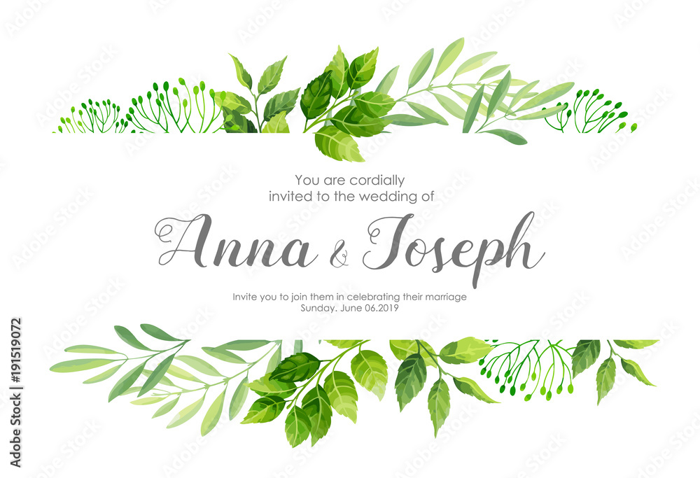 Wedding invitation with green leafs border. Vector illustration.