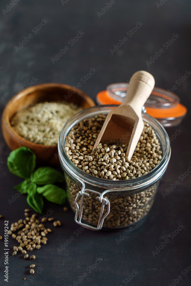 hemp seeds on the black background hemp seeds on the black background