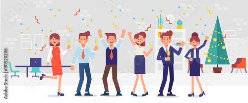 Business people celebrating in office. Flat vector illustration.