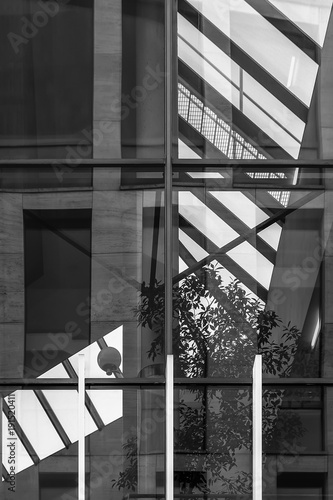Black and white image of the windows of office buildings and reflections.