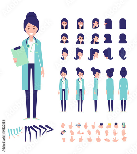 Front, side, back view animated character. Female doctor character creation set with various views, hairstyles, face emotions, poses and gestures. Cartoon style, flat vector illustration.