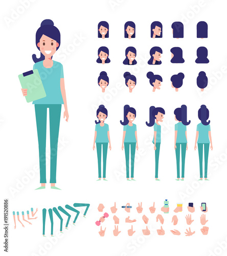 Front, side, back view animated character. Female doctor character creation set with various views, hairstyles, face emotions, poses and gestures. Cartoon style, flat vector illustration.
