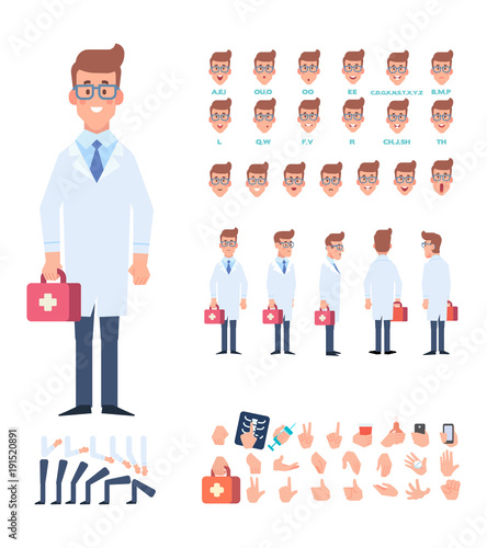 Doctor character for your scenes. Character creation set with various views,face emotions, lip sync, poses and gestures. Parts of body template for design work and animation.