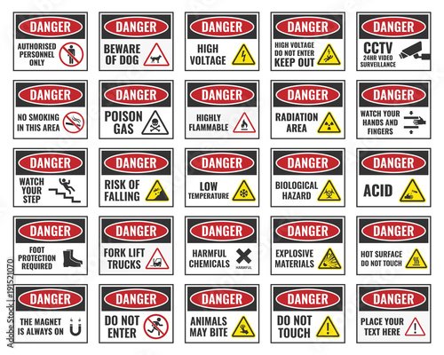 danger signs with warning text, danger label