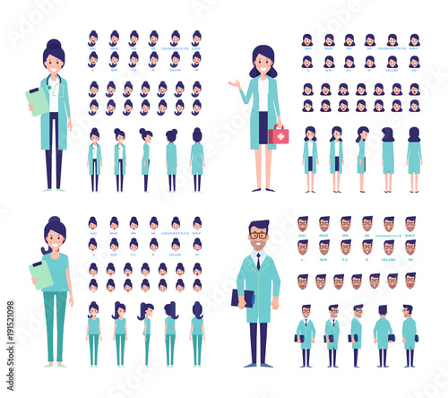 Male and Fermale Doctor character creation set . Cartoon style, flat vector illustration.