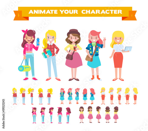 Front, side, back view animated female characters. Cartoon style, flat vector illustration .