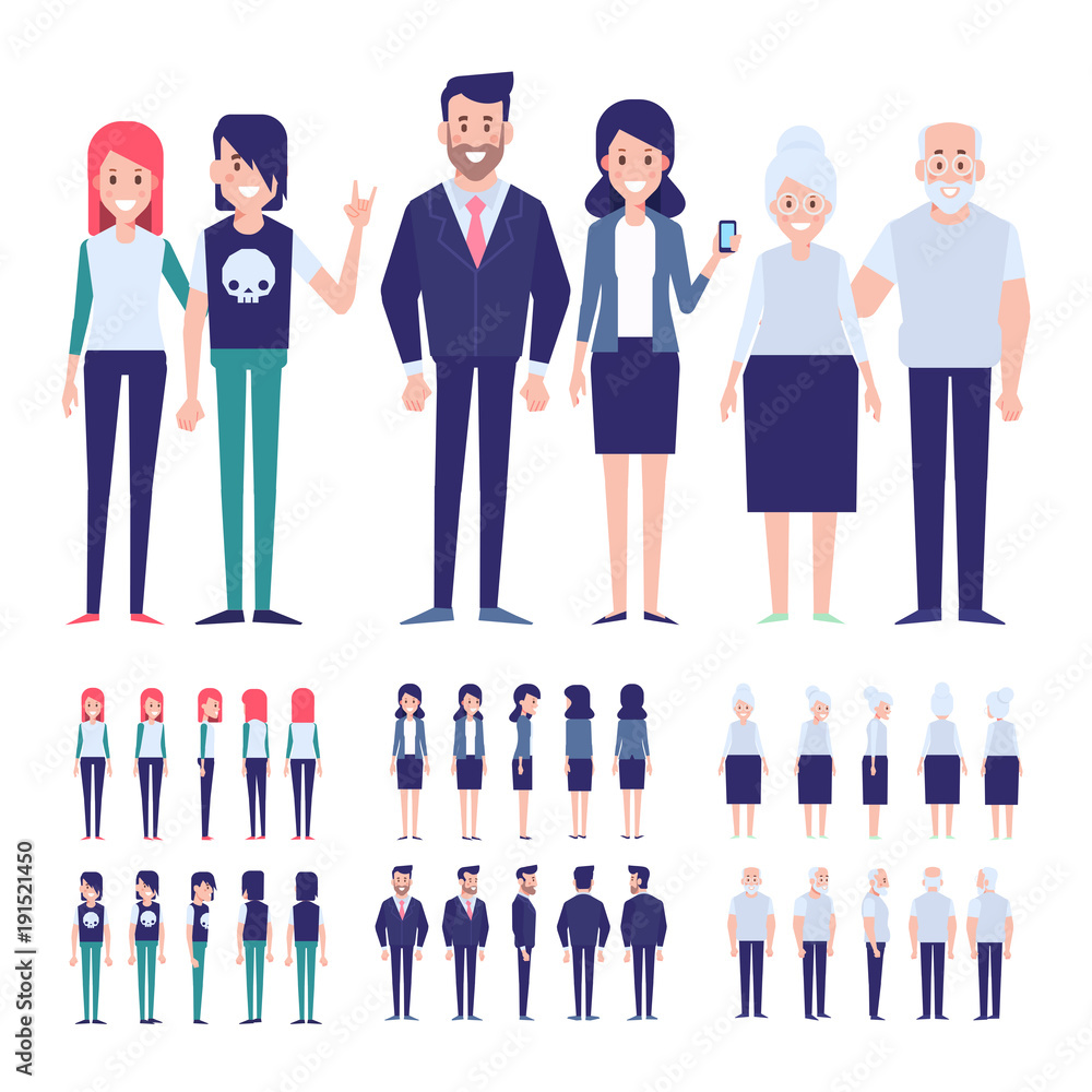 Vector people for animation. Flat vector style. Front, side, back view characters. Vector people for animation. Flat vector style. Front, side, back view characters.