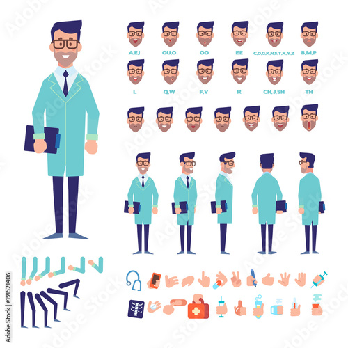 Doctor character for your scenes. Character creation set with various views,face emotions, lip sync, poses and gestures. Parts of body template for design work and animation.
