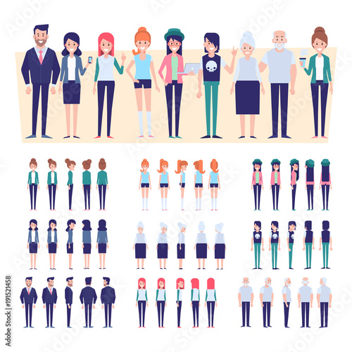 Big set of Vector people. Front, side, back view animated characters. 