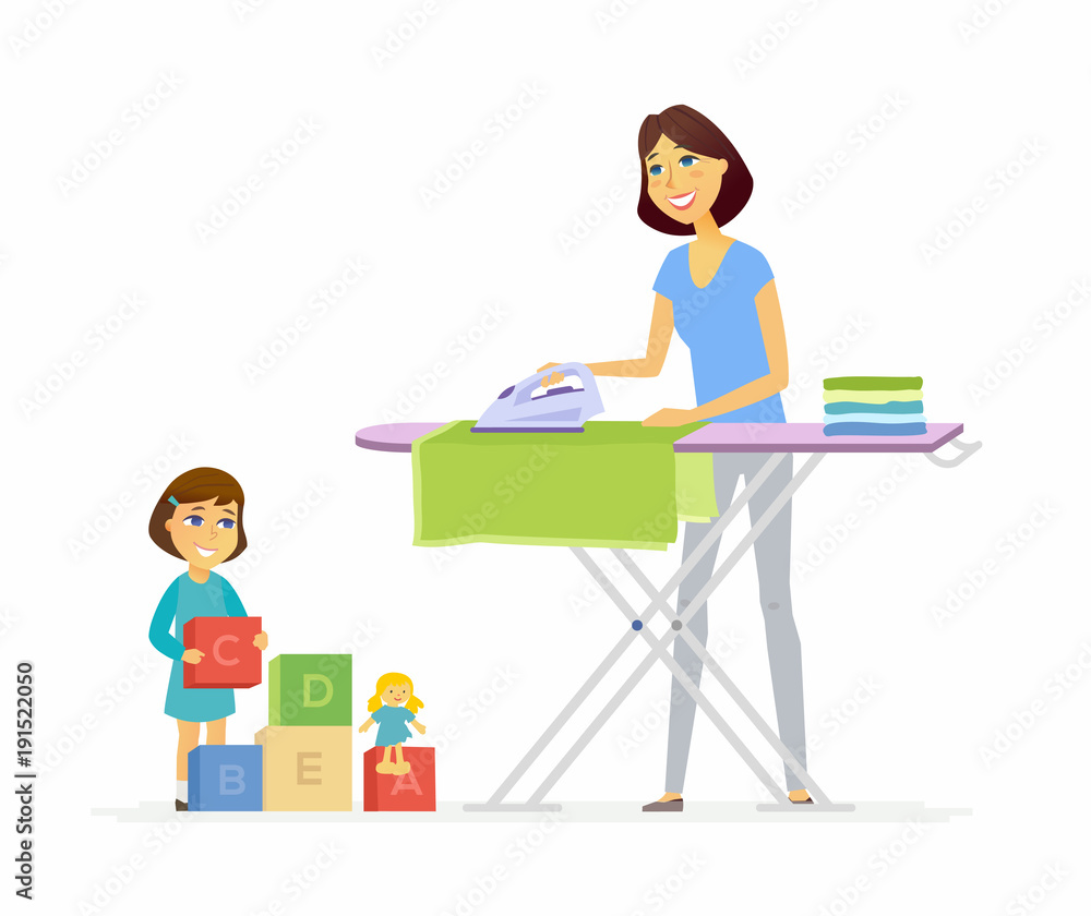 Young woman irons clothes - cartoon people characters isolated illustration