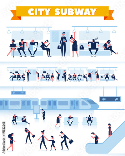 City Public Transport. People are waiting for the subway on station platform. Passengers inside underground train. Flat Vector illustration, elements for infographics.