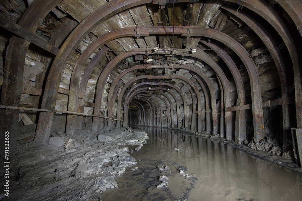 Underground abandoned ore mine shaft tunnel gallery