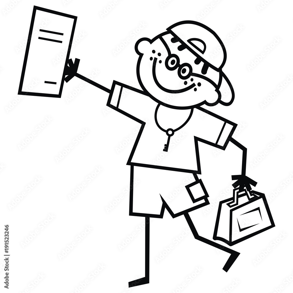Boy with briefcase and school certificate, end of school year, goodbye school. Black and white vector image. Coloring book.