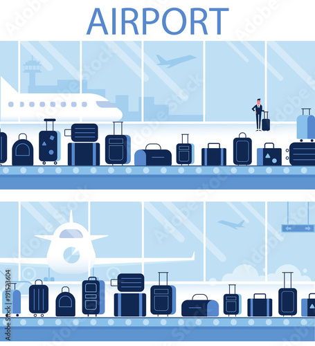 Conveyor belt in airport hall. Infographics elements.Travel concept. Flat vector illustration.