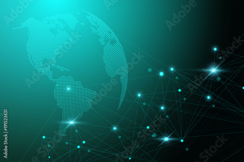 Global network with world map. Abstract vector infinite space background. Perspective backdrop. Digital data visualization. Vector illustration.