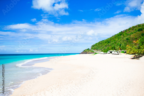 Idyllic tropical beach with white sand, turquoise ocean water and blue sky on Caribbean island © travnikovstudio