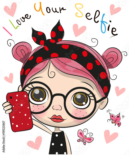 Сartoon girl with glasses makes selfie