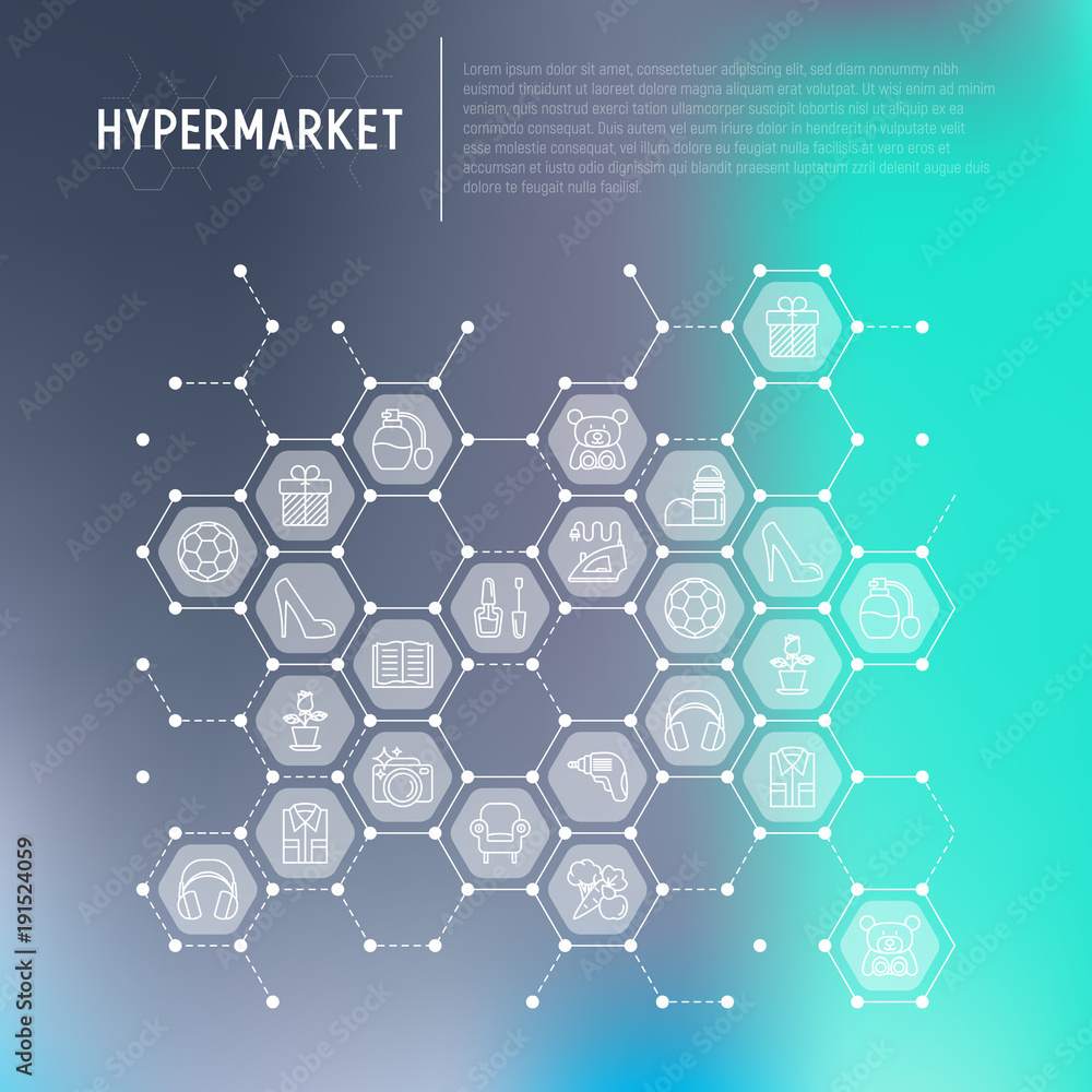 Hypermarket concept in honeycombs with thin line icons: apparel, sport equipment, electronics, perfumery, cosmetics, toys, food, appliances. Modern vector illustration for print media, banner.