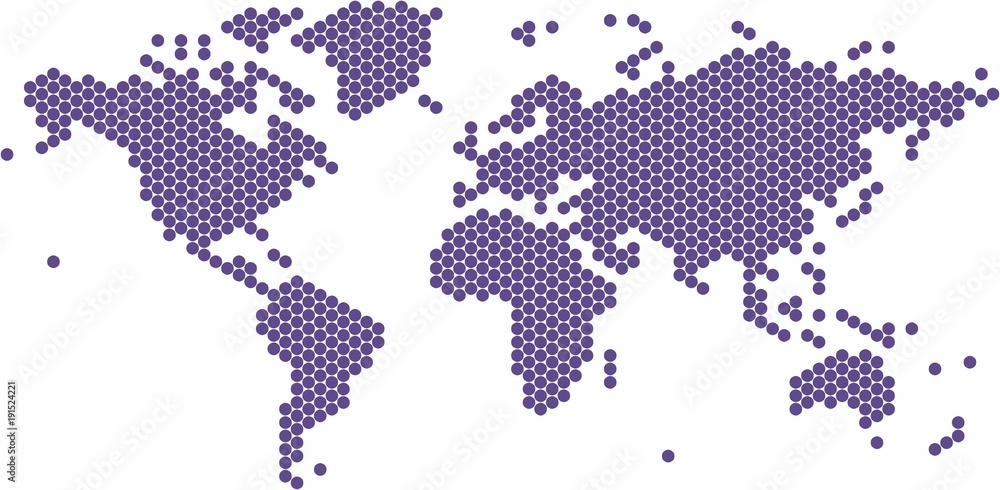 Fototapeta premium Violet circle shape world map on white background, vector illustration.