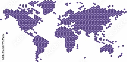 Violet hexagon shape world map on white background, vector illustration.