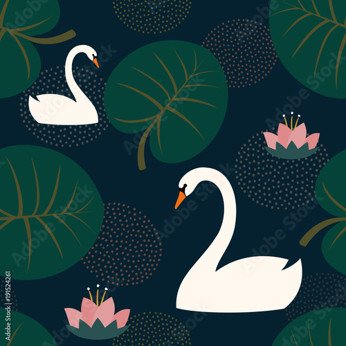 Trendy seamless pattern with white swans, water lily and leaves on dark blue background. Night lake art background. Fashion design for fabric, wallpaper, textile and decor.