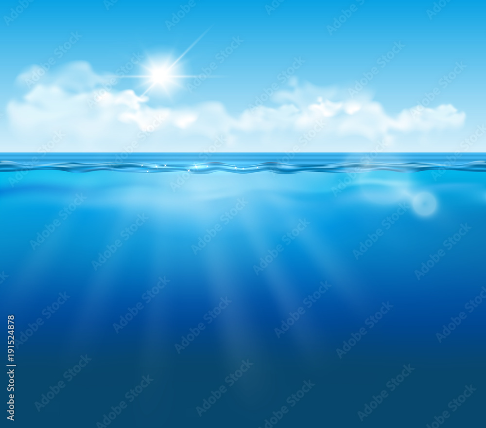 Vector realistic empty underwater view with blue sky, clouds and sun ...