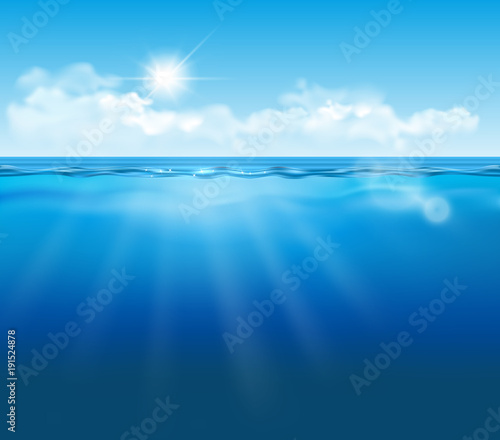 Vector realistic empty underwater view with blue sky, clouds and sun and light effects