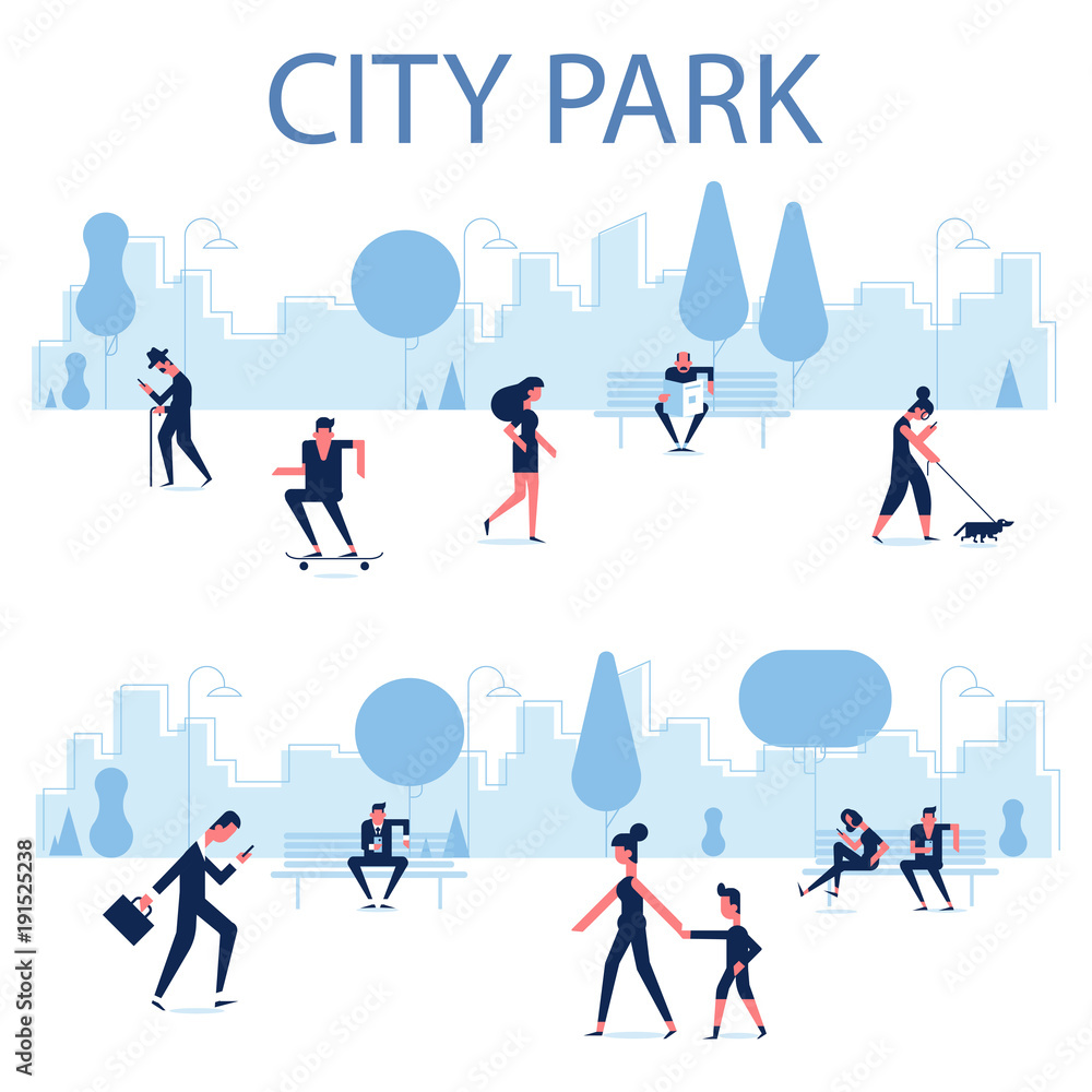 People walking on the urban park using smartphones.City skyline on the background. Vector Elements for infographics. Internet addiction concept of people using mobile gadgets.