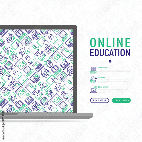 Online education concept with thin line icons  online course  webinar  e-book  video conference  home studying  wise owl  student with laptop. Modern vector illustration for school web page.