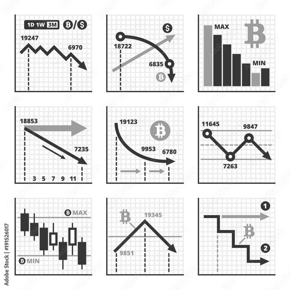Bitcoin Falling Down Chart Graphics Set. Vector Bitcoin Falling Down Chart Graphics Set. Vector